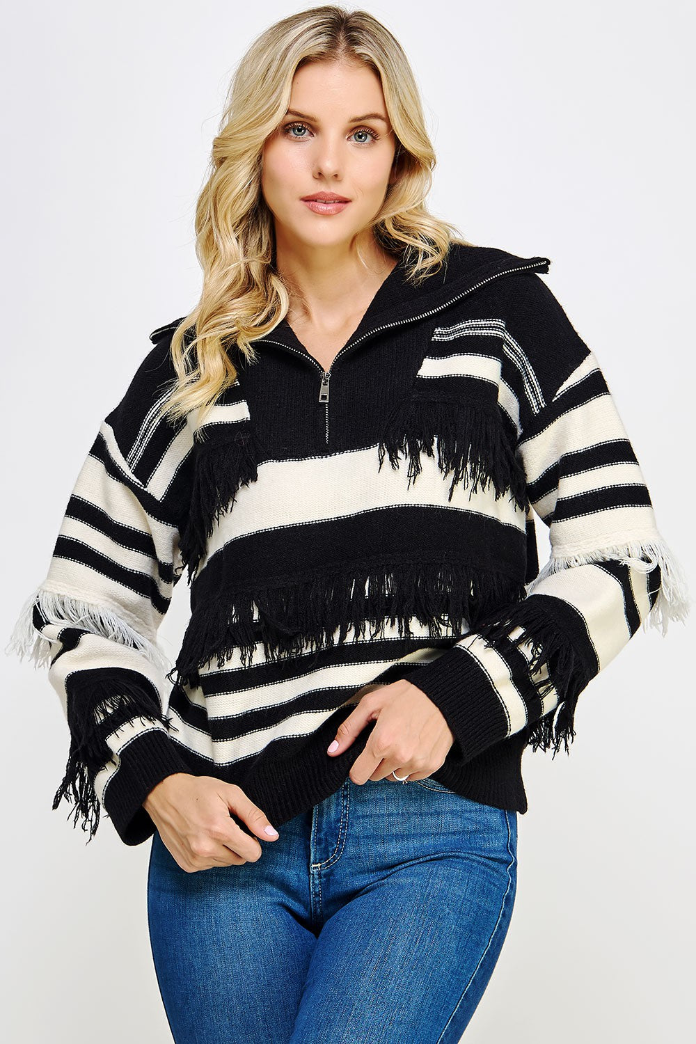 fringe black white zip sweater