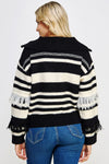 fringe black white zip sweater