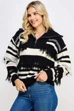 fringe black white zip sweater