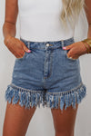 fringe rhinestone denim blue ladies shorts