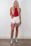sequin fringe red white denim shorts