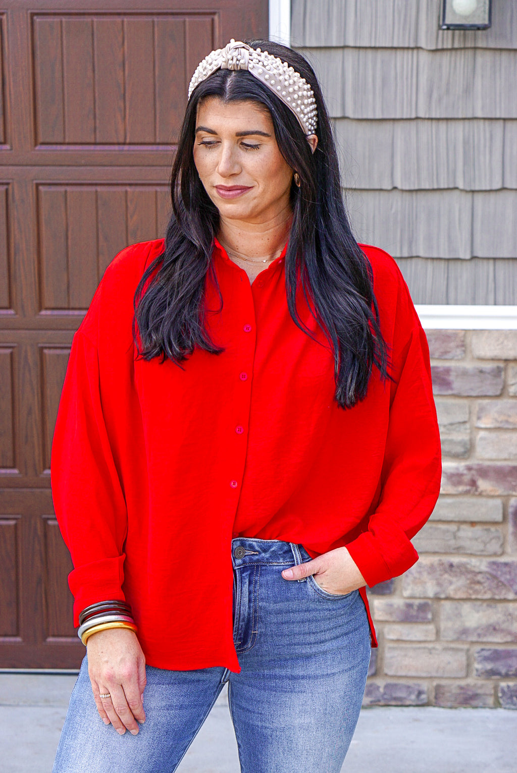 cute red button down collared top