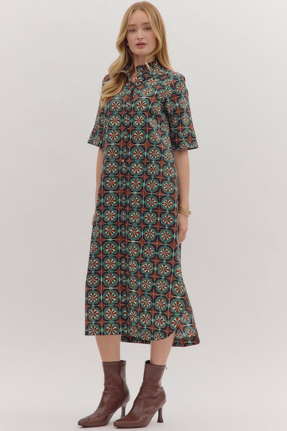 entro geometric printed fall brown midi dress side