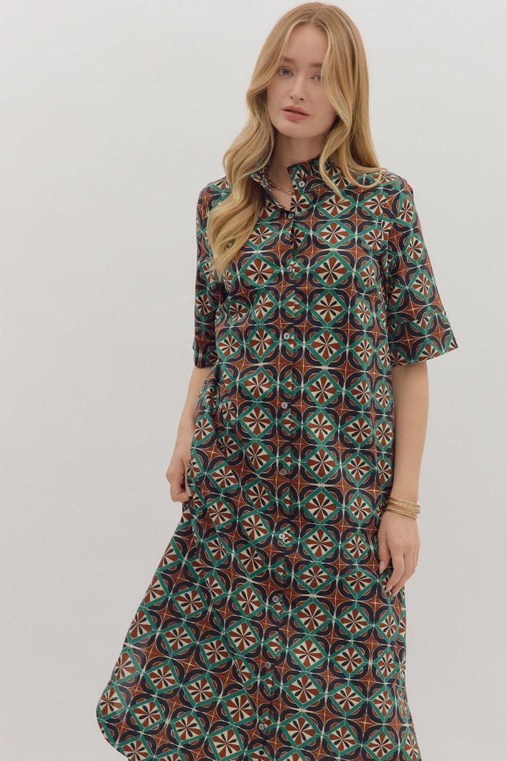 entro geometric printed fall brown midi dress details