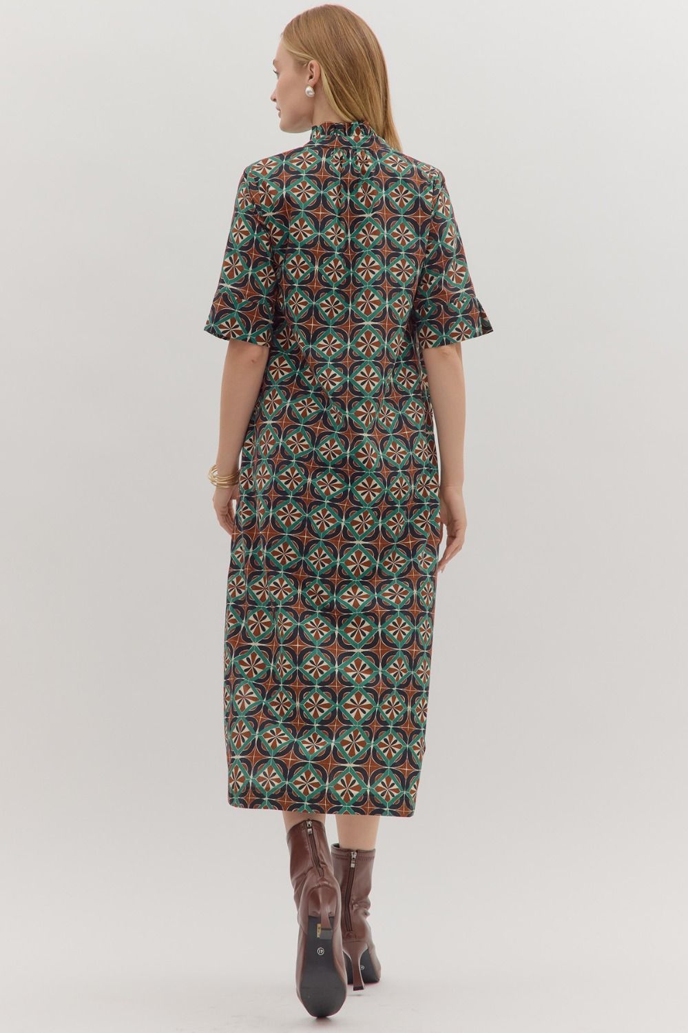 entro geometric printed fall brown midi dress back