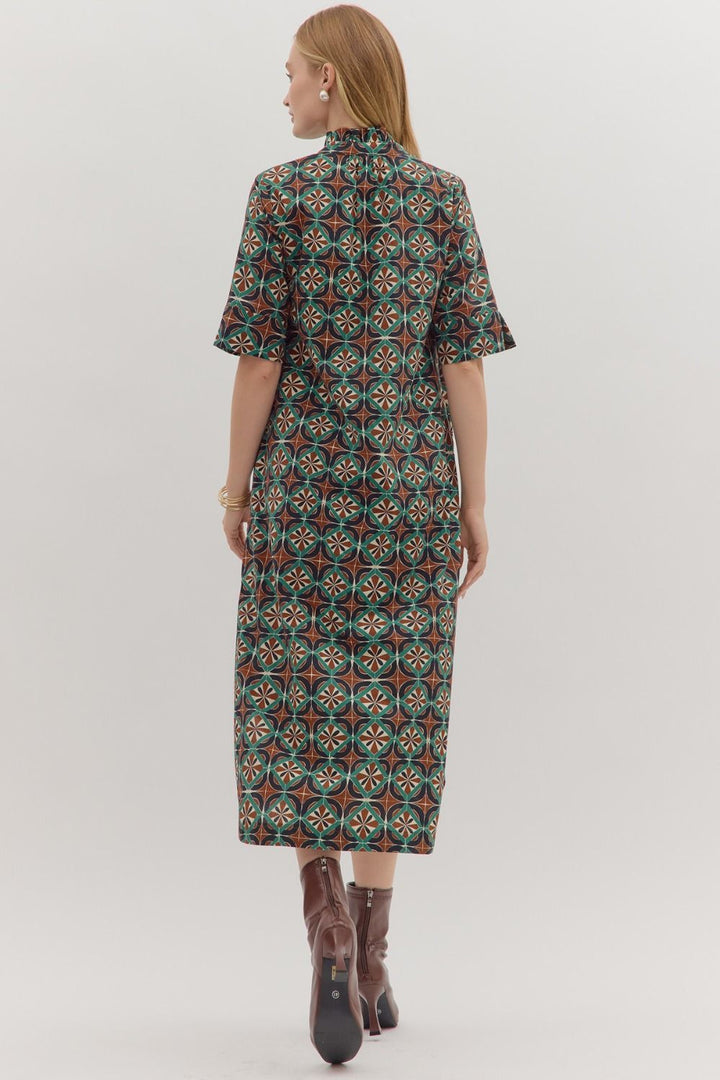 entro geometric printed fall brown midi dress back
