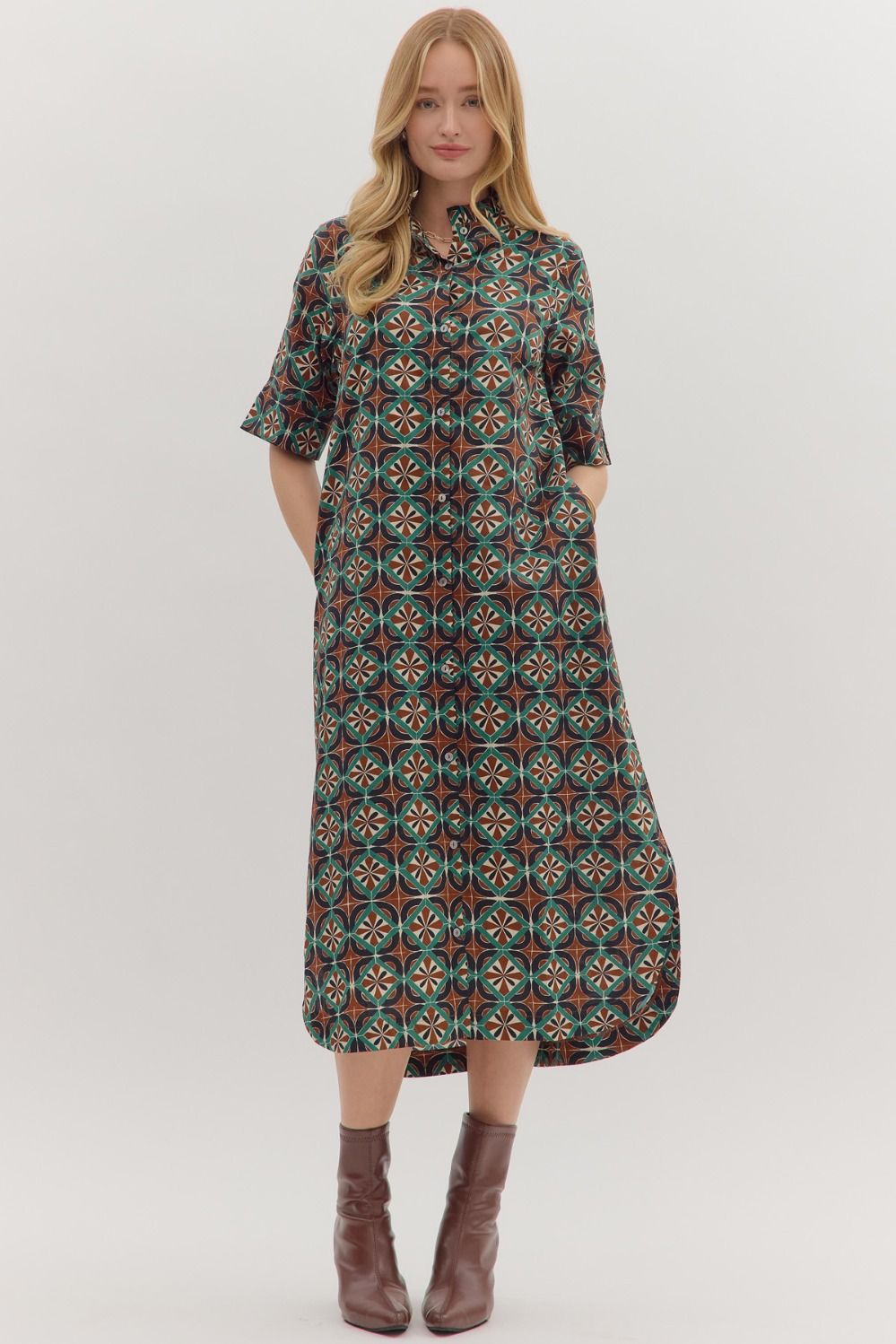entro geometric printed fall brown midi dress pockets