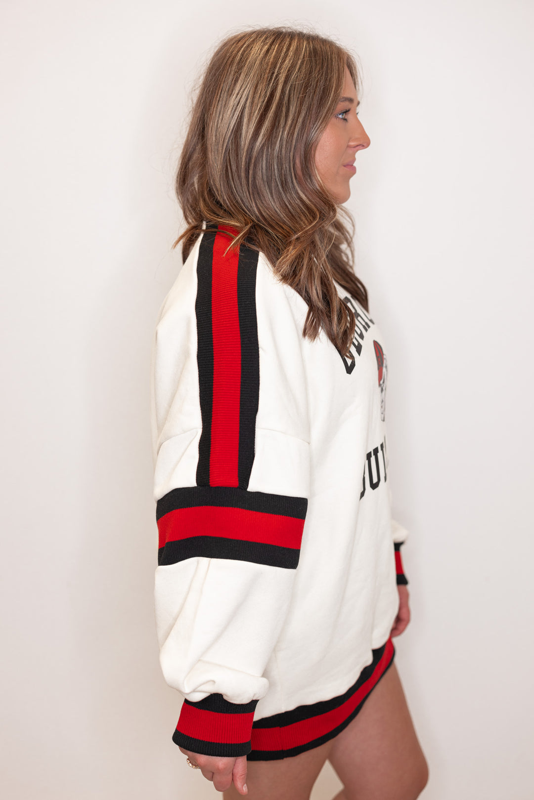 red black stripe sleeve uga pullover