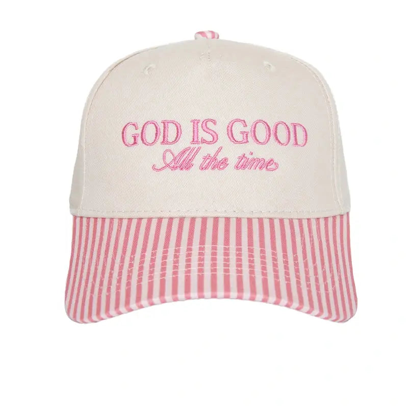 god is good all the time pink striped trucker hat