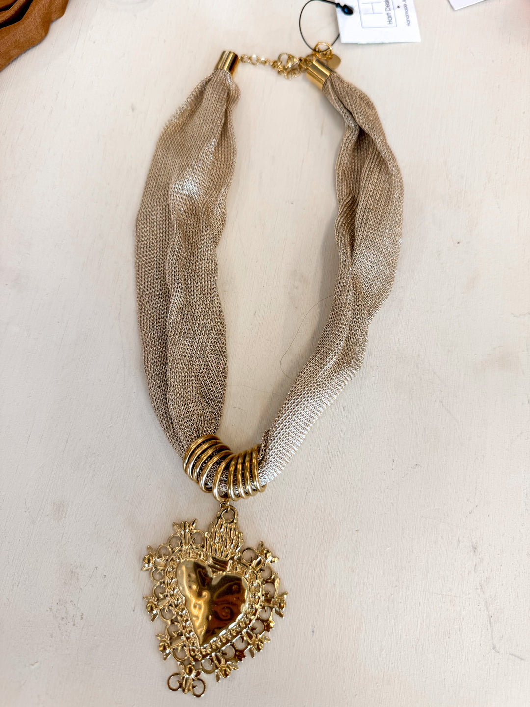 gold mesh heart charm necklace