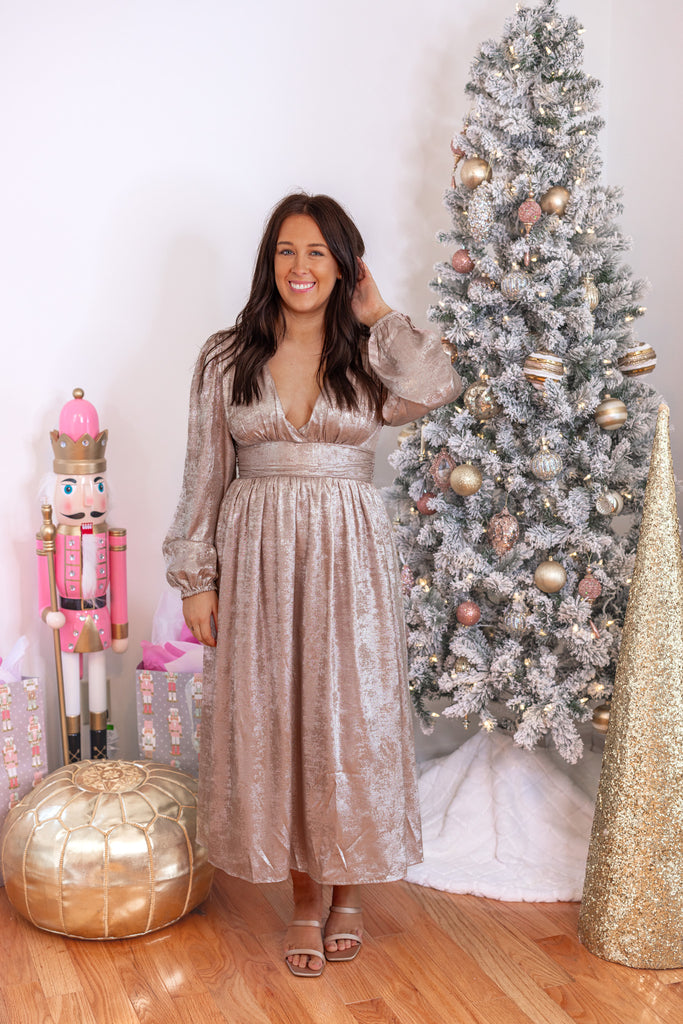 Champagne Metallic Midi Dress | Purple Door Boutique | Commerce GA