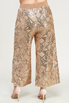 See And Be See plus size gold velvet wide leg cropped pants with gold sequin designs