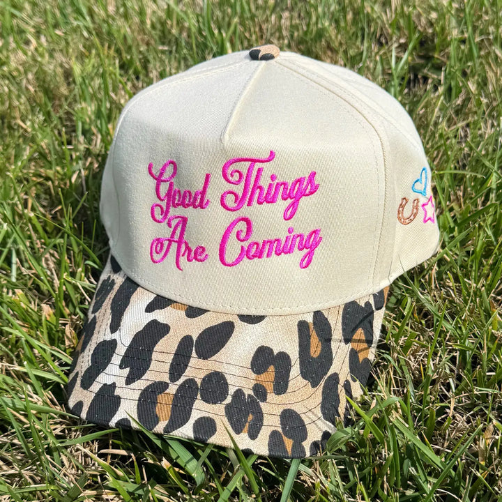 poppy & pine good things are coming trucker hat