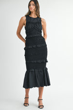 smocked black ruffled midi dress