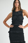 smocked black ruffled midi dress