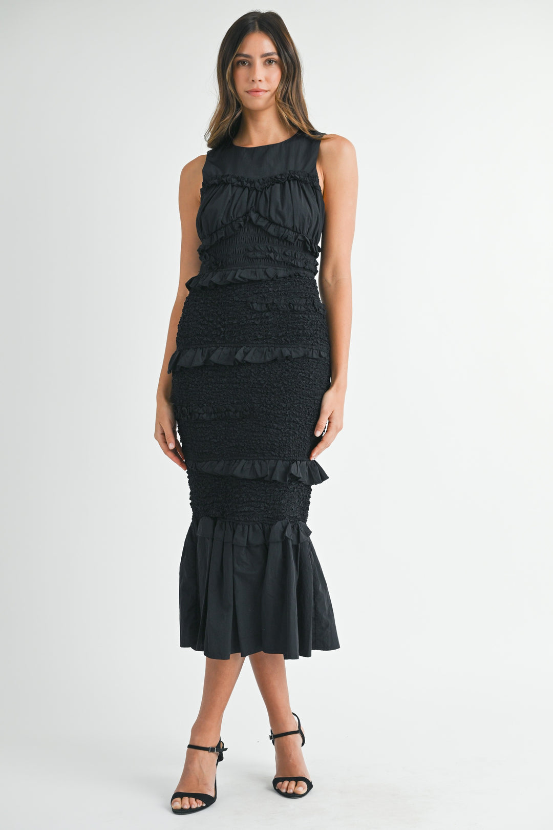 Ruffled Mermaid Smocked Black Midi Dress Small Ruffled Mermaid Smocked Black Midi Dress Small