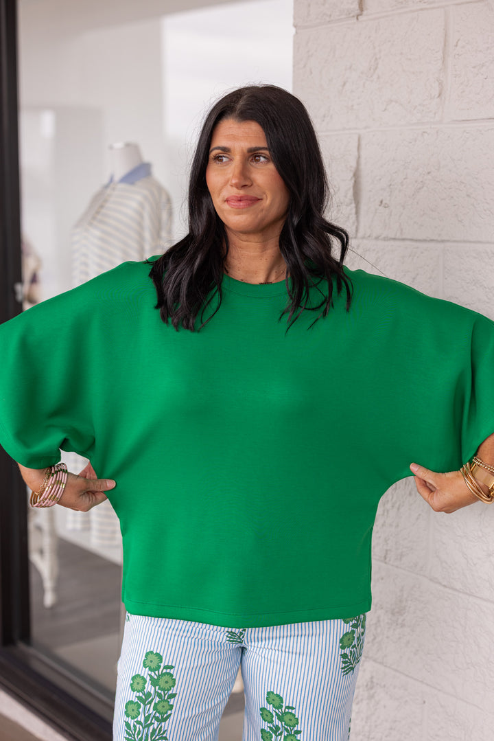 Green scuba knit short sleeve top