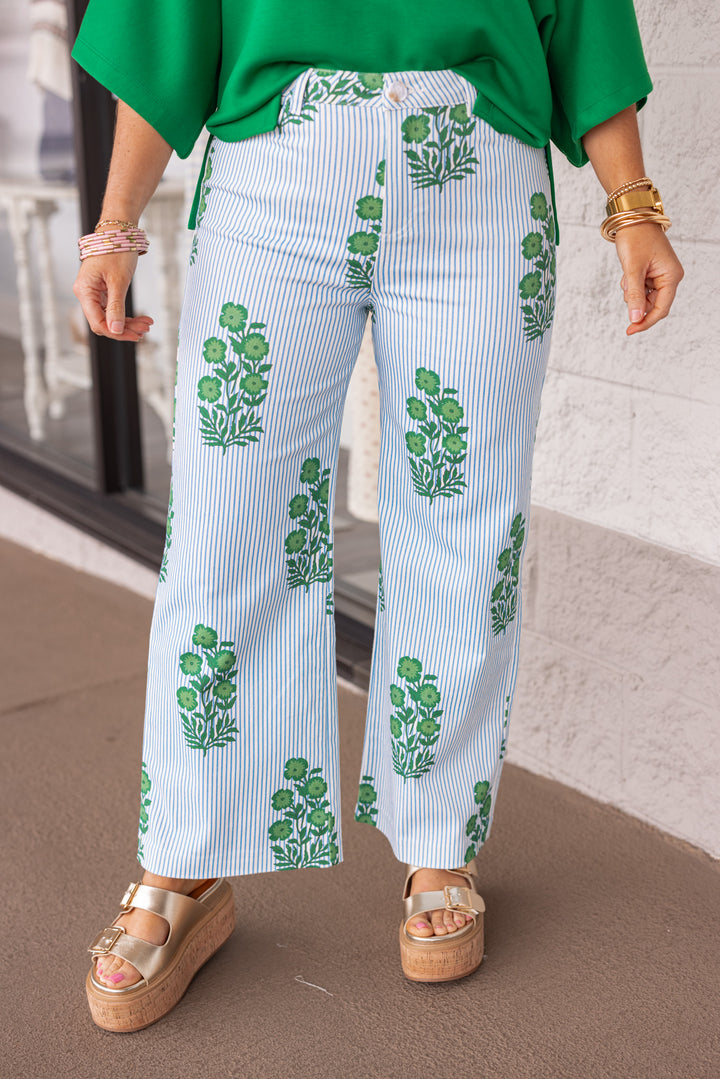 blue white stripe green floral wide leg twill pants
