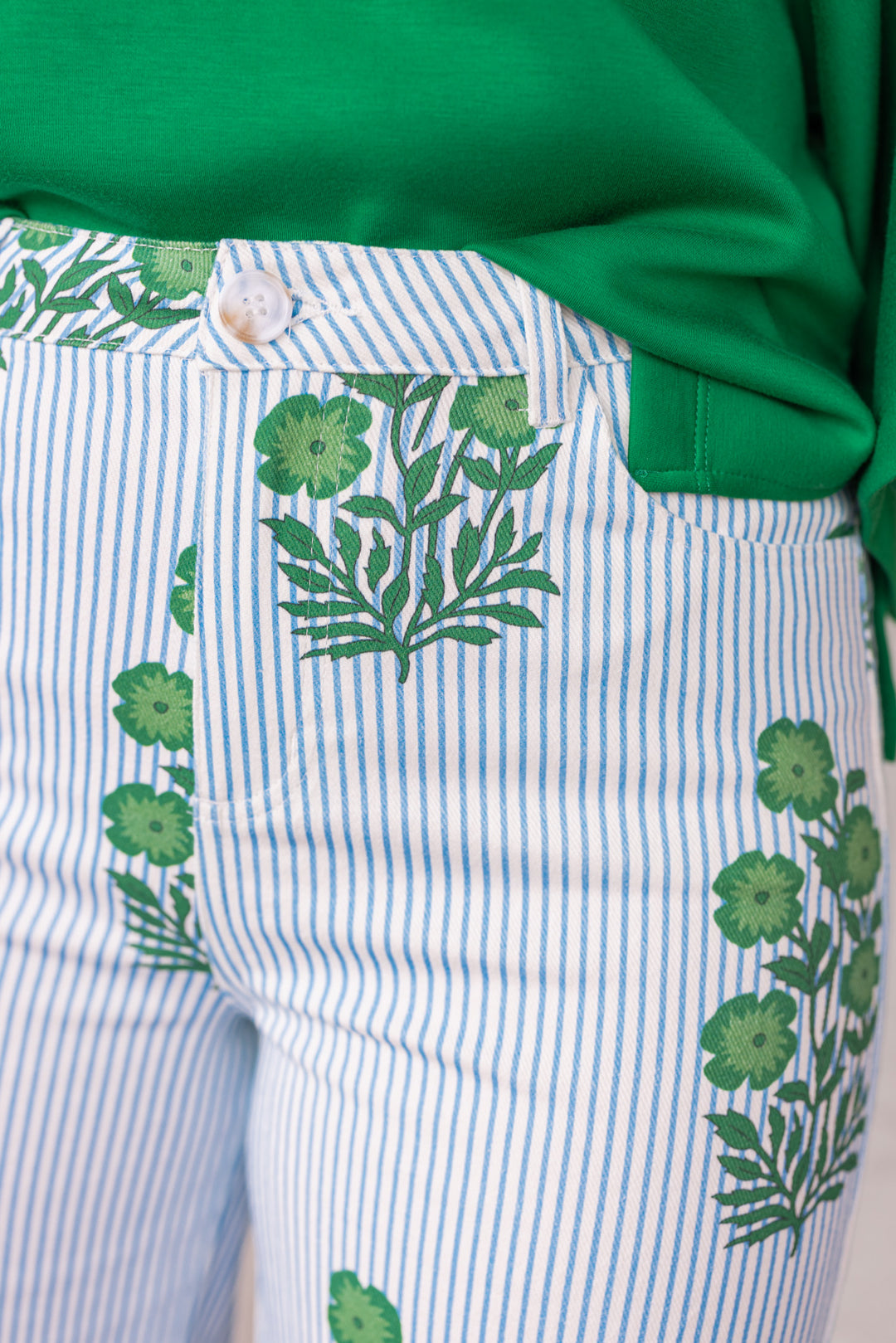 blue white stripe green floral wide leg twill denim pants