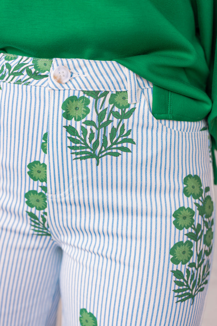 blue white stripe green floral wide leg twill denim pants