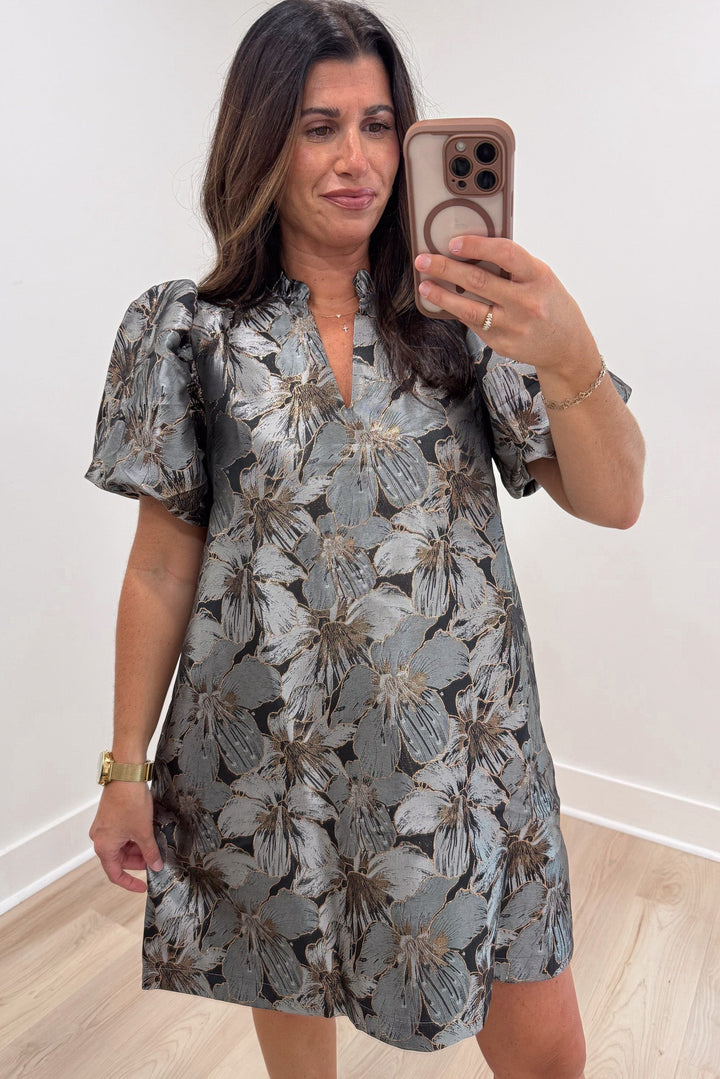 gray and black floral print metallic accent short sleeve ruffle trimmed v neckline short dress