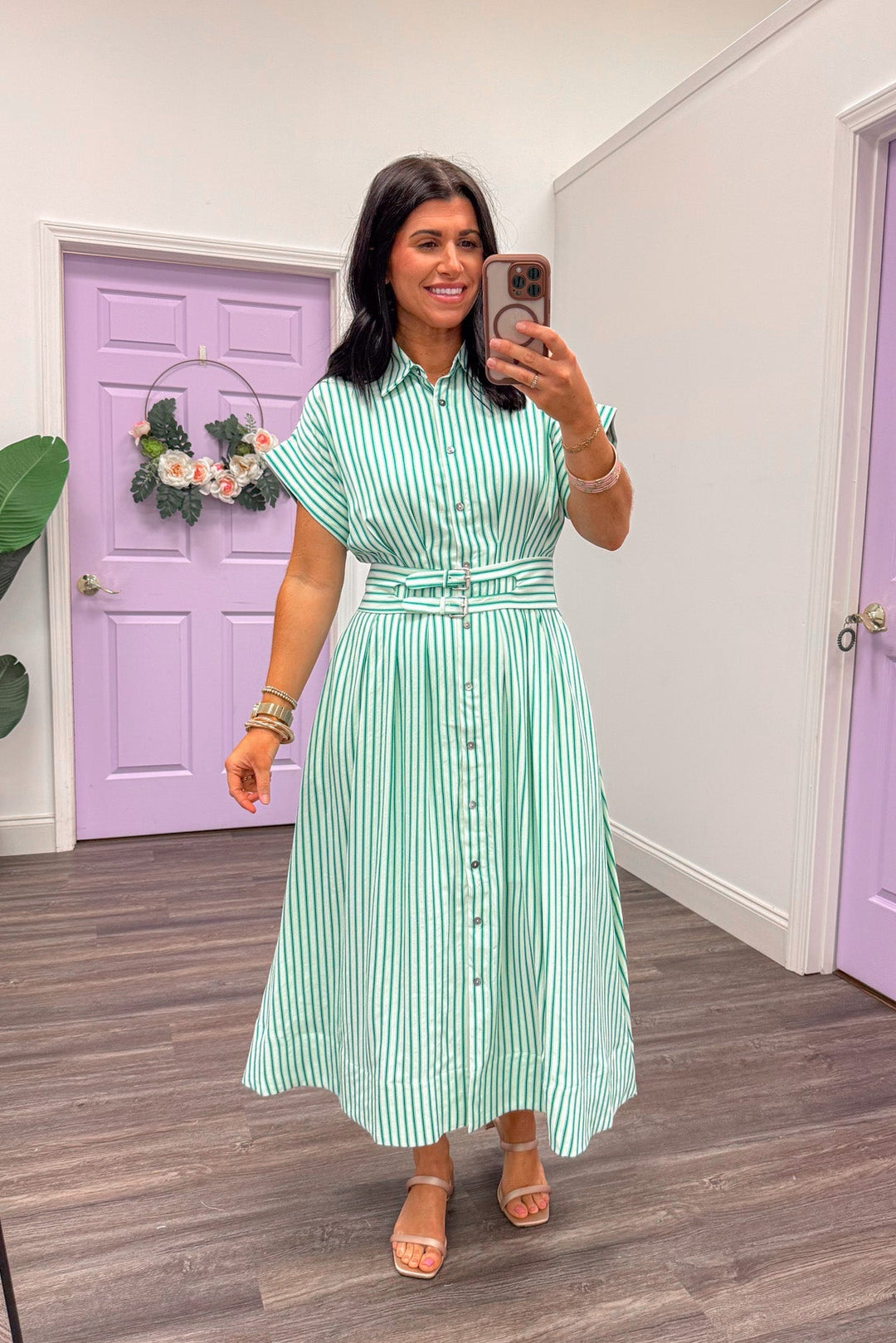 Women's green and ivory striped button front midi dress by Entro