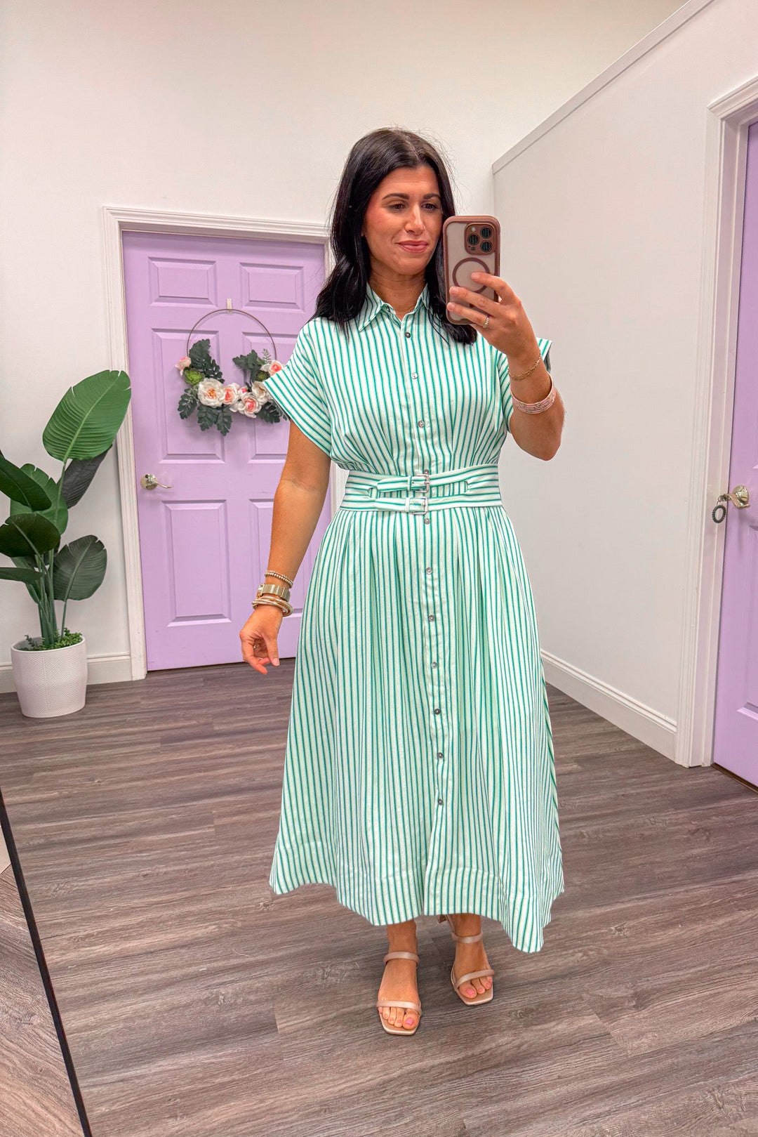 Women's green and ivory striped button front midi dress, perfect for Easter
