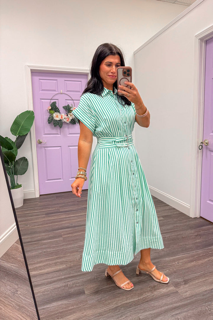 Women's green and ivory striped button front midi dress, great for church