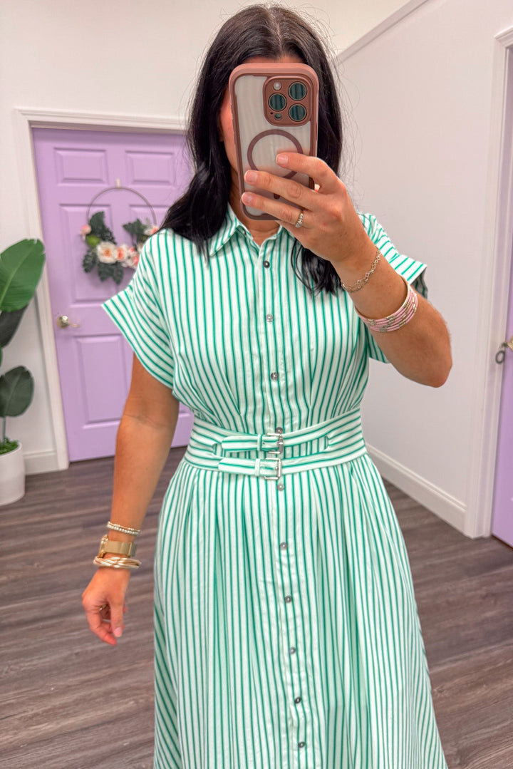 Women's green and ivory striped button front midi dress by Entro with belted waistband