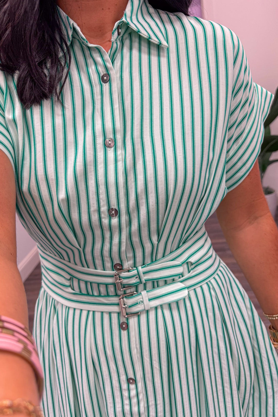 Women's green and ivory striped button front midi dress with collared neckline by Entro