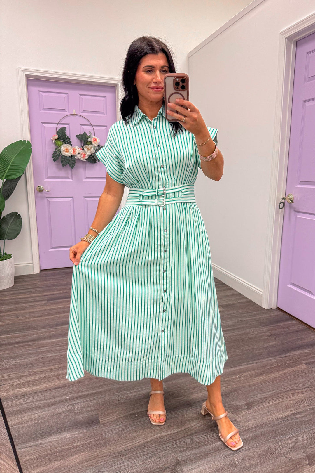 Women's trendy Spring green and ivory striped button front midi dress