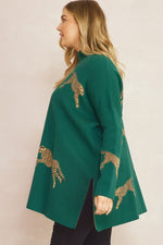 Entro Hunter green sweater top with cheetahs printed all over