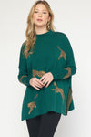 Entro Hunter green sweater top with cheetahs printed all over
