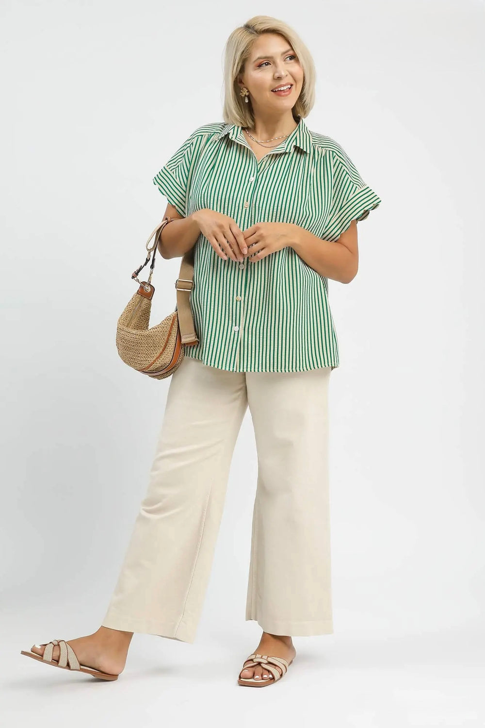 Women's Umgee green and beige striped button down top with scalloped sleeves in plus size showing full front view