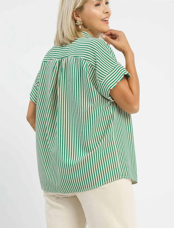 Women's Umgee green and beige striped button down top with scalloped sleeves in plus size showing pleated back detail.
