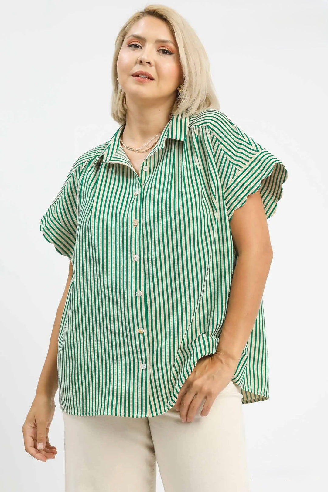 Women's Umgee green and beige striped button down top with scalloped sleeves in plus size