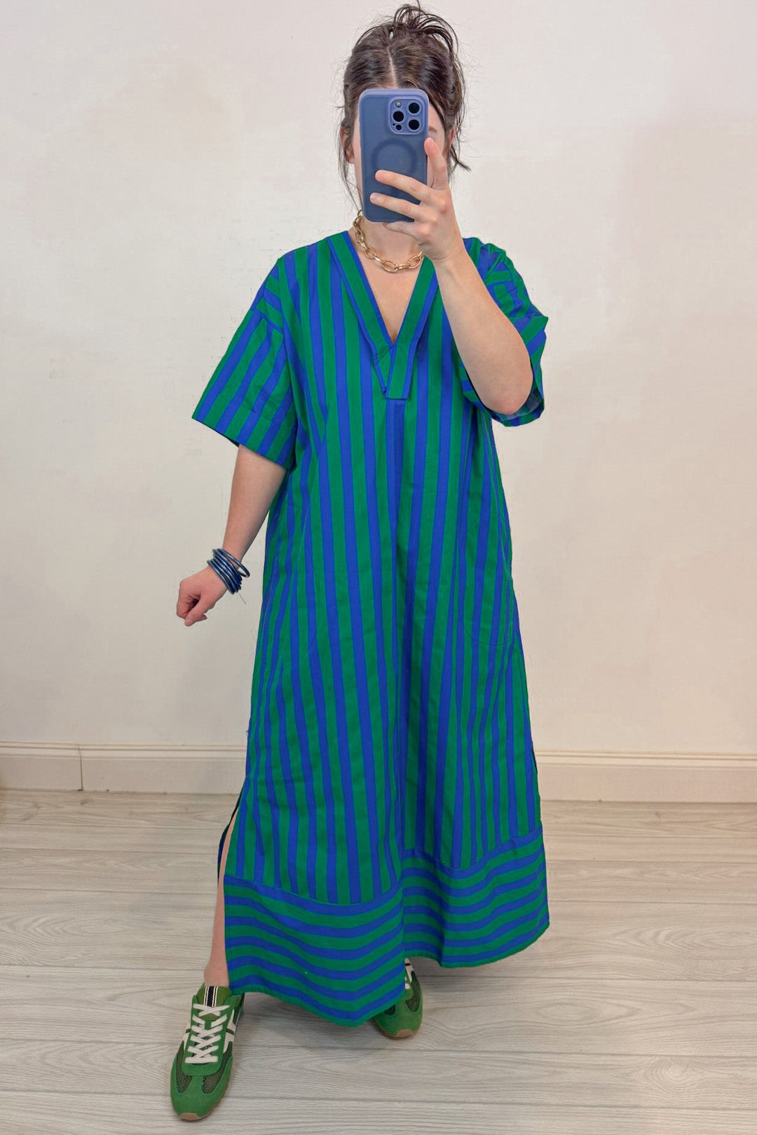 green and blue alternating striped short sleeve midi dress