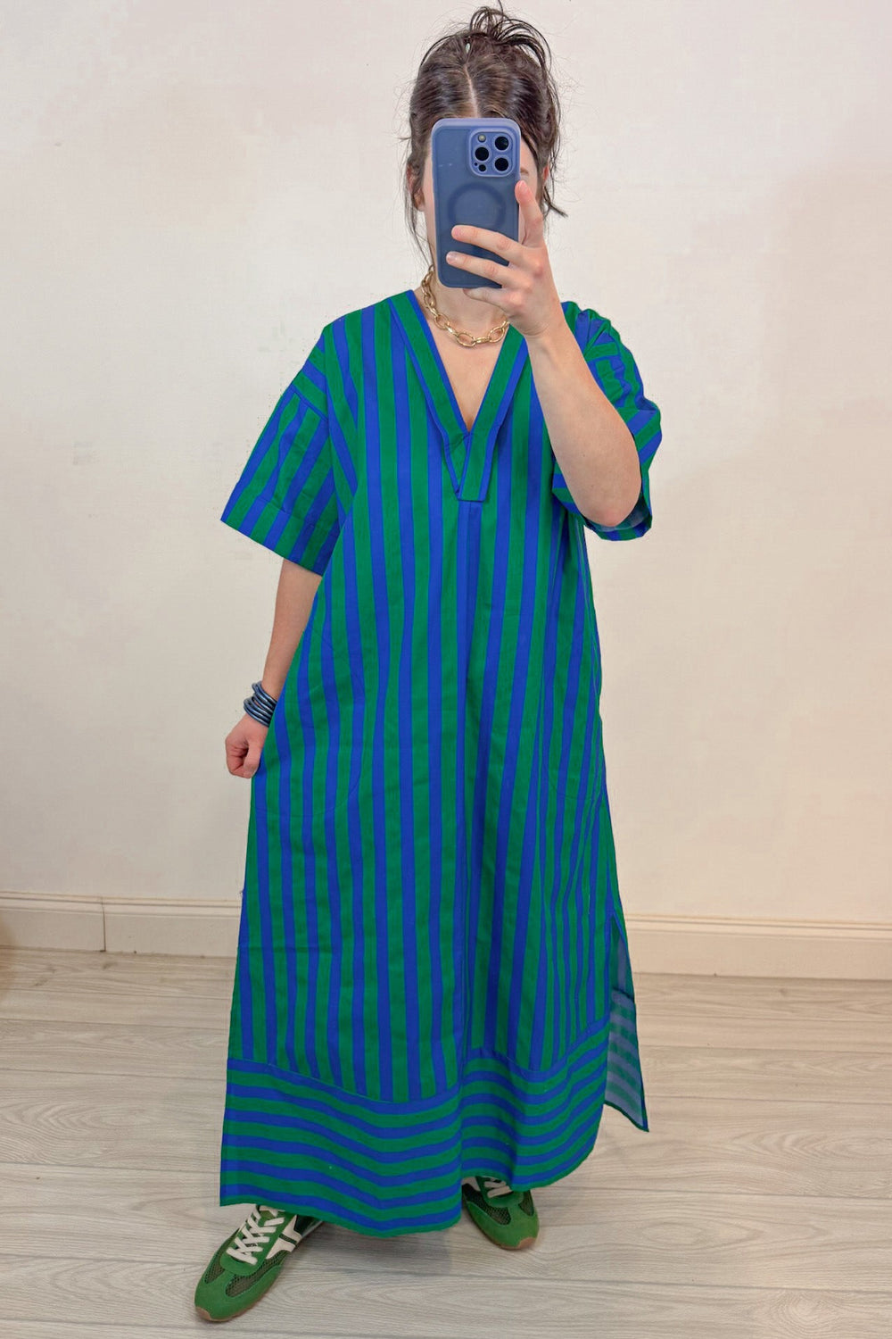 green and blue striped short sleeve midi dress relaxed silhouette