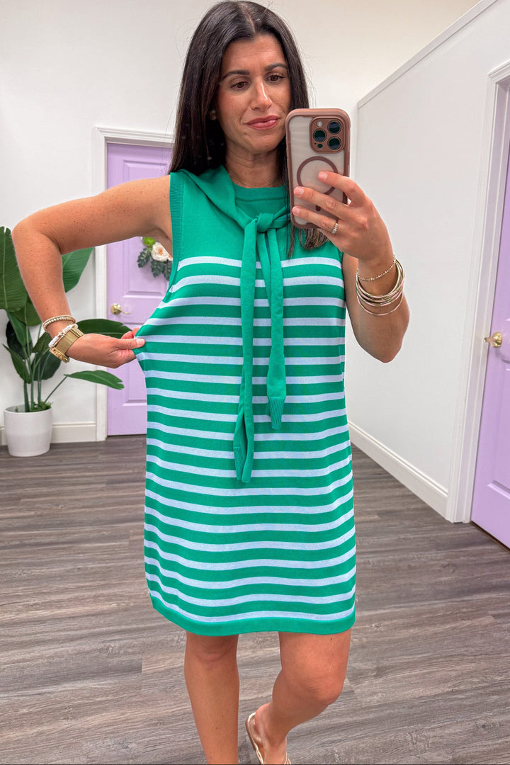 green and light blue striped sleeveless drape scarf relaxed fit knit dress