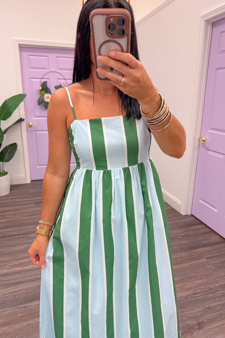 green and blue vertical striped square neckline spaghetti strap maxi dress