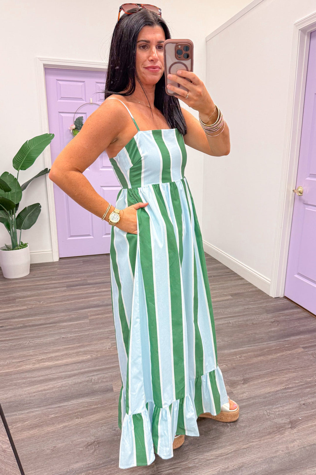 green and blue vertical striped sleeveless maxi dress side pockets