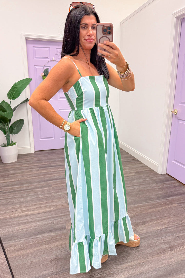 green and blue vertical striped sleeveless maxi dress side pockets