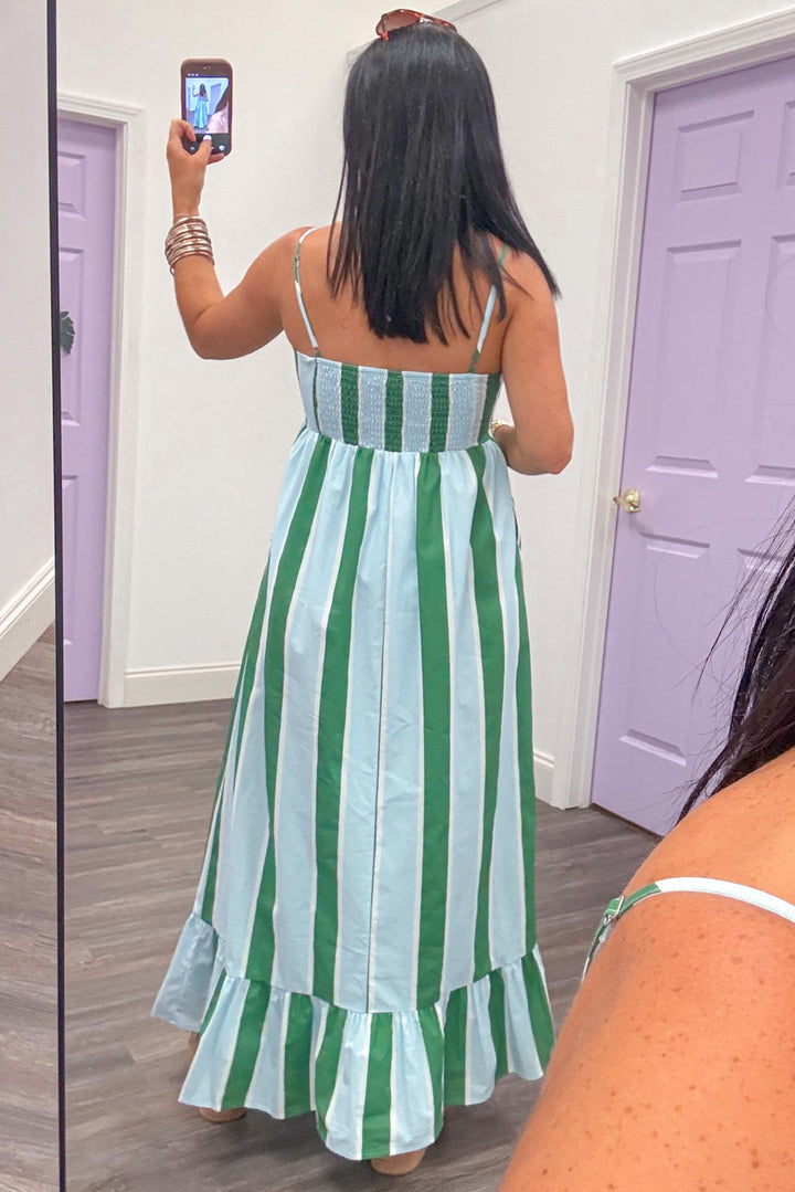 green and blue vertical striped sleeveless maxi dress smocked back