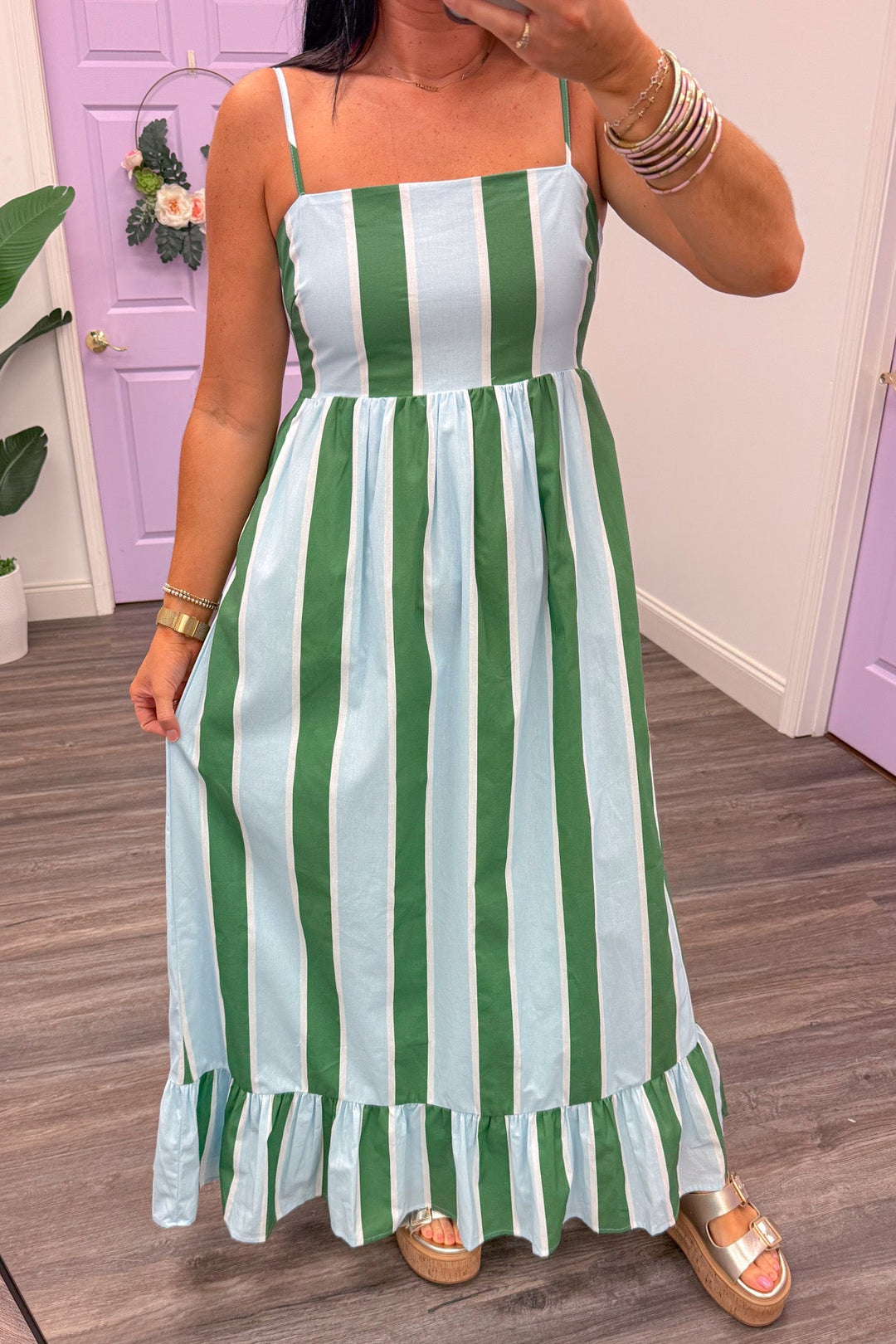 green and blue vertical striped sleeveless flowy ruffle trim maxi dress