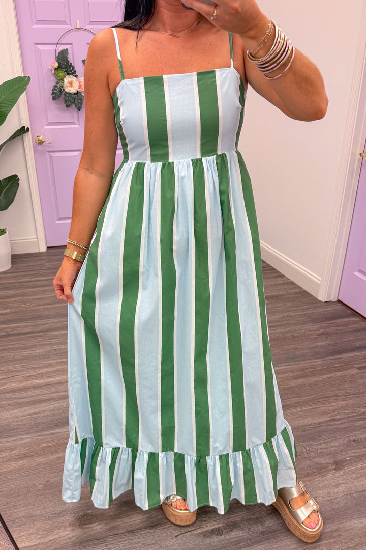 green and blue vertical striped sleeveless flowy ruffle trim maxi dress
