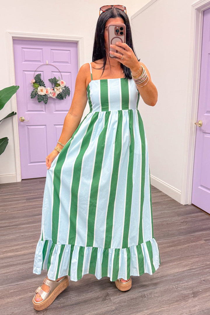 green and blue vertical striped sleeveless spaghetti strap maxi dress