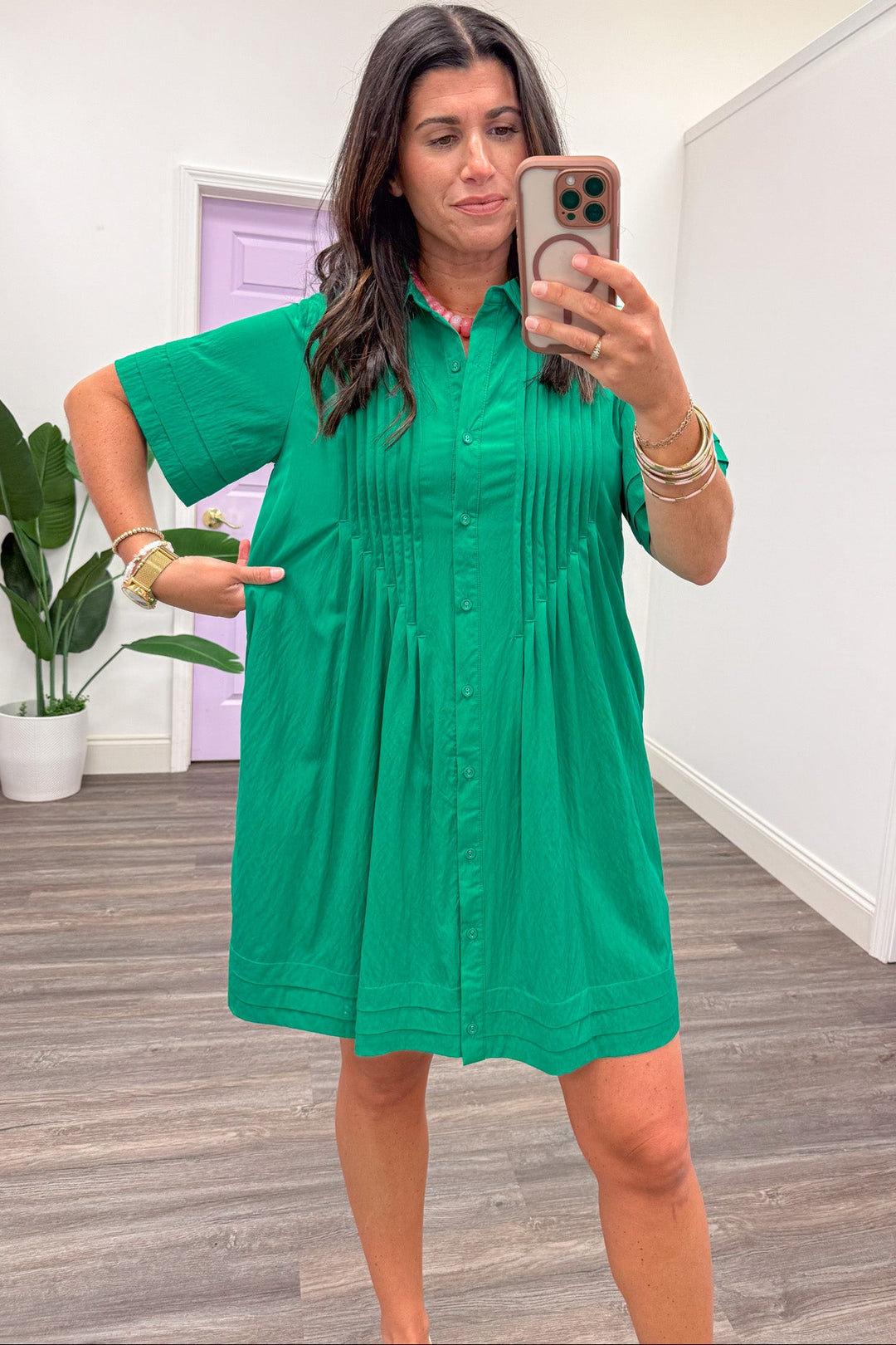 solid green button down short sleeve pintuck relaxed silhouette short dress