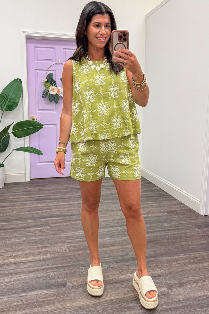 avocado green with cream checkered flower embroidery print shorts