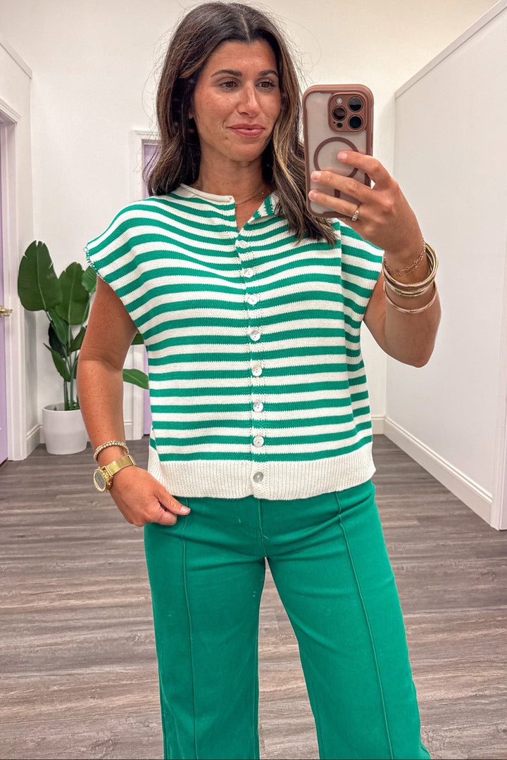 green and cream striped sleeveless button front semi-cropped knit top