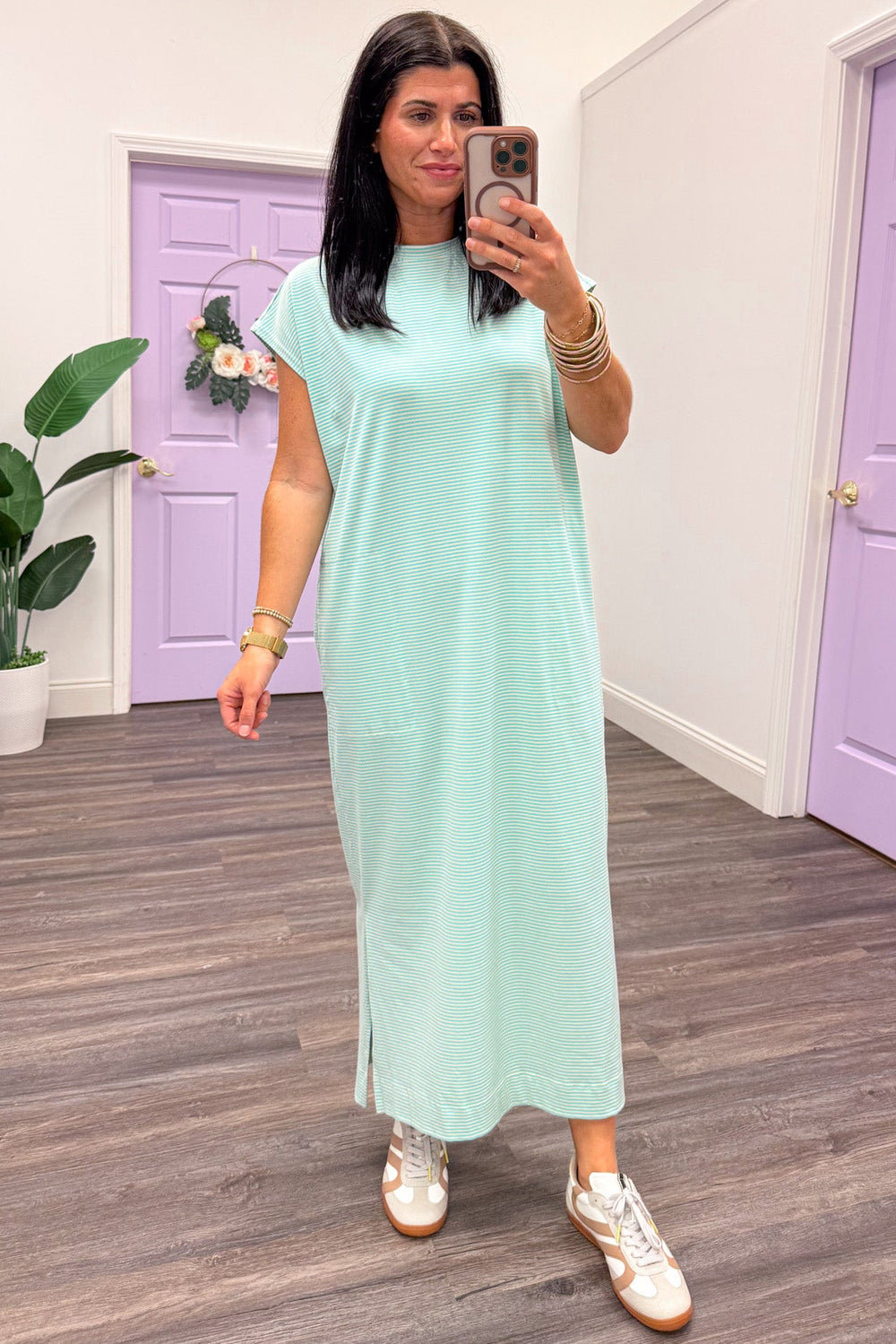seafoam green and cream striped drop shoulder short sleeve midi dress